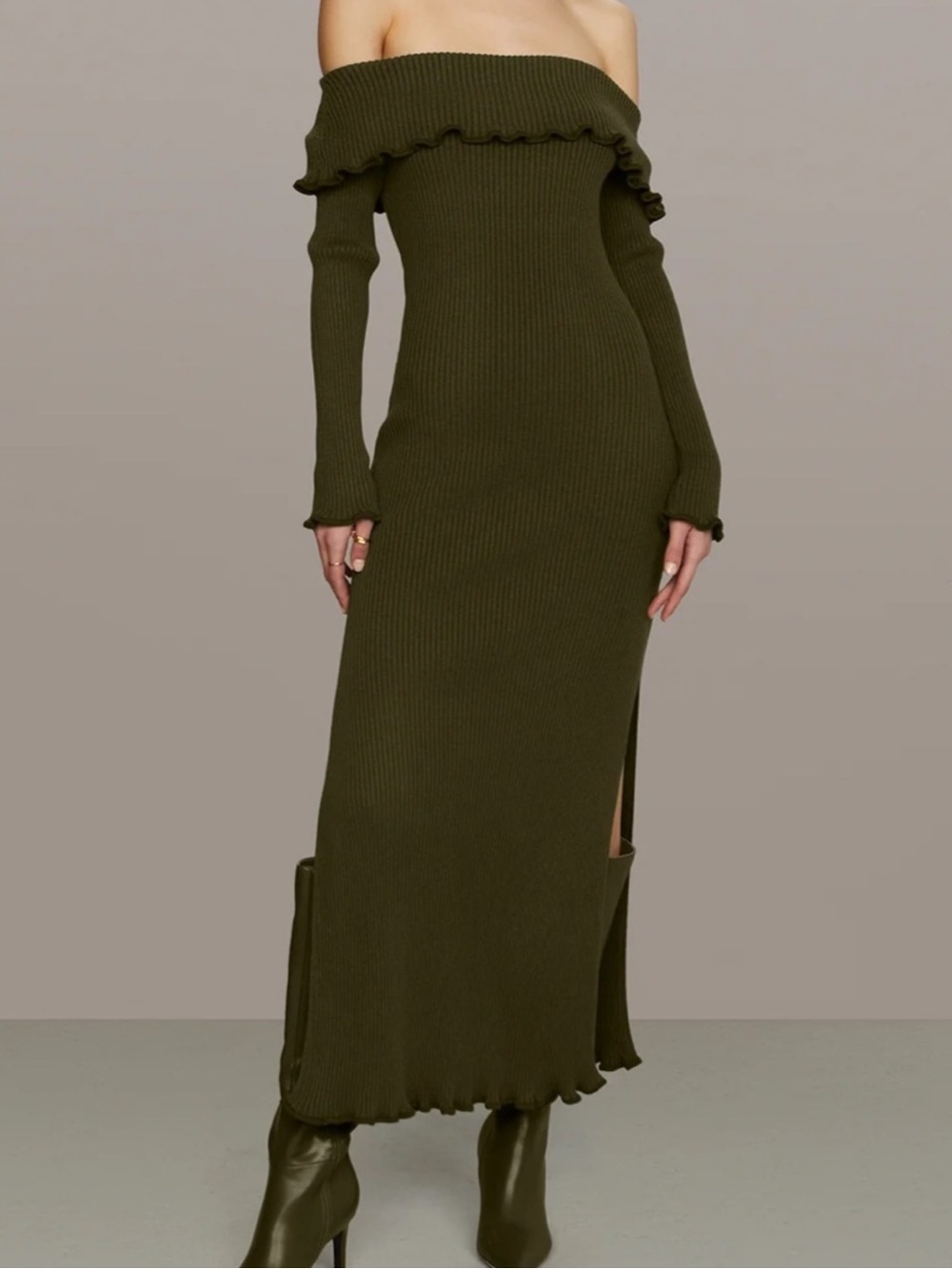 AMUR Meadow Lettuce Edge Midi Green Ribbed Knit Dress Off Shoulder Ruffle Size S